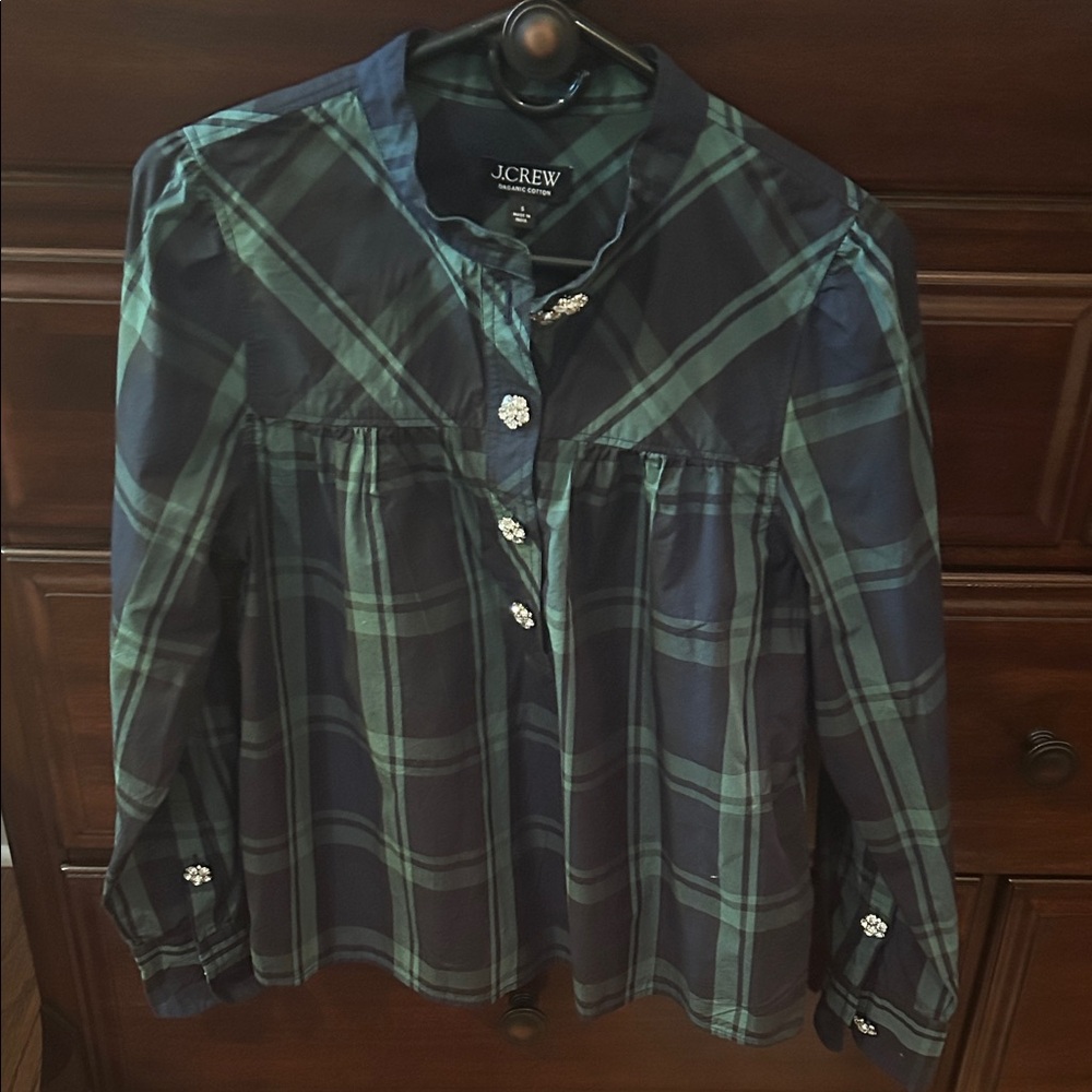 J. Crew Green and Blue Plaid Top with crystal Accents